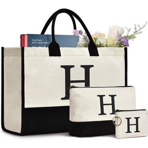 Initial Canvas Tote Bag Birthdays Gift for Women White-h